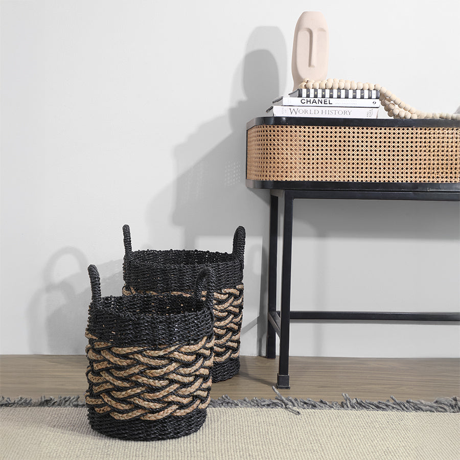 black braided woven basket set, 
natural and black seagrass storage baskets, handwoven decorative storage baskets, rope weave baskets with handles, two-tone jute and wicker baskets, modern rustic storage baskets for home, braided rope baskets for living room, 
handwoven basket set for organizing, 
black and beige floor baskets, 
Boho chic storage bins with handles.
