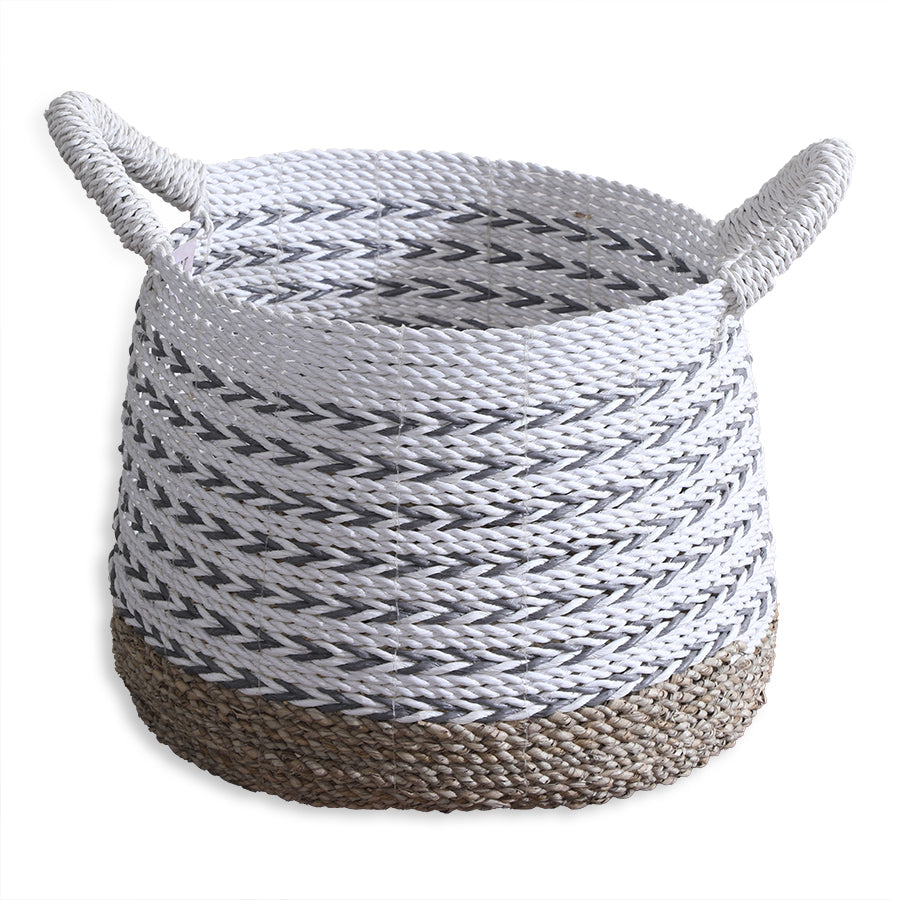 Woven storage basket, Decorative rope basket, White and natural storage bin, Handwoven laundry basket, Large rope basket with handles, Boho style storage basket,
Eco-friendly storage solution,
Rustic woven hamper, Living room décor basket, Farmhouse style basket .
