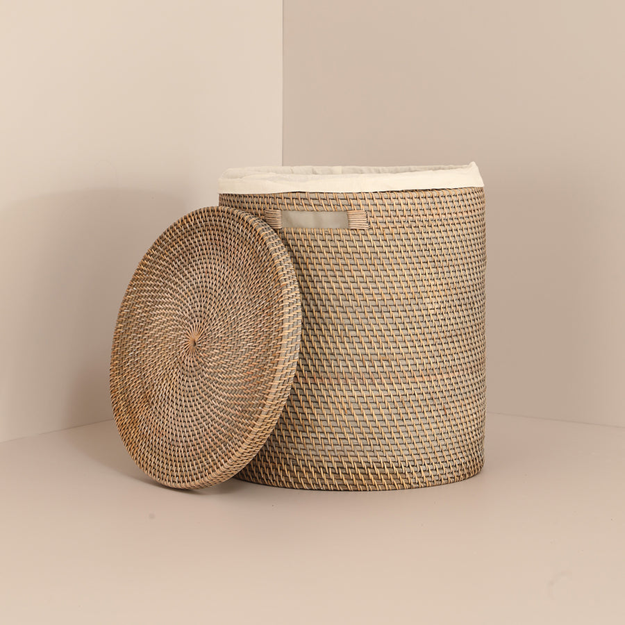 Woven laundry basket, Rattan storage bin, Lidded wicker hamper, Handwoven basket with liner, Decorative woven container, Handmade eco-conscious storage solution, Stylish laundry hamper with neutral tones, Woven lidded basket for home organization.