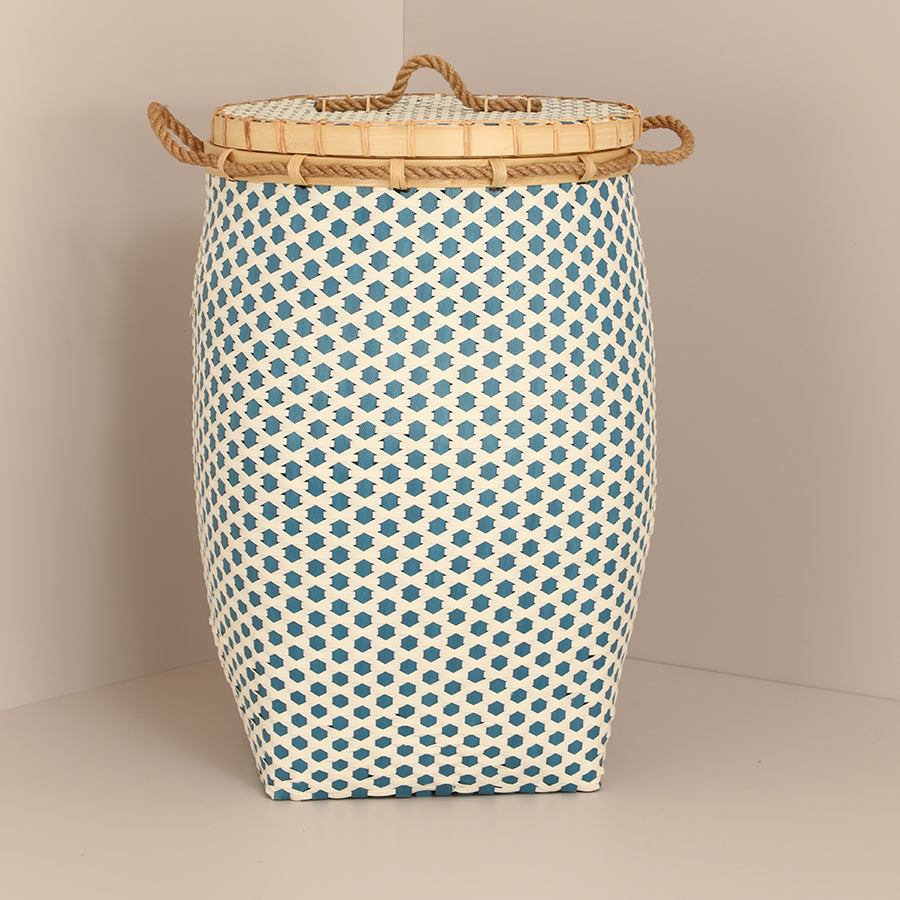 Woven storage basket with lid, Handcrafted basket, Decorative storage basket, Eco-friendly basket, Handmade laundry basket, Blue and white storage basket, Tall woven hamper, Artisan laundry bin, Natural fiber storage basket, Handwoven organizer basket.