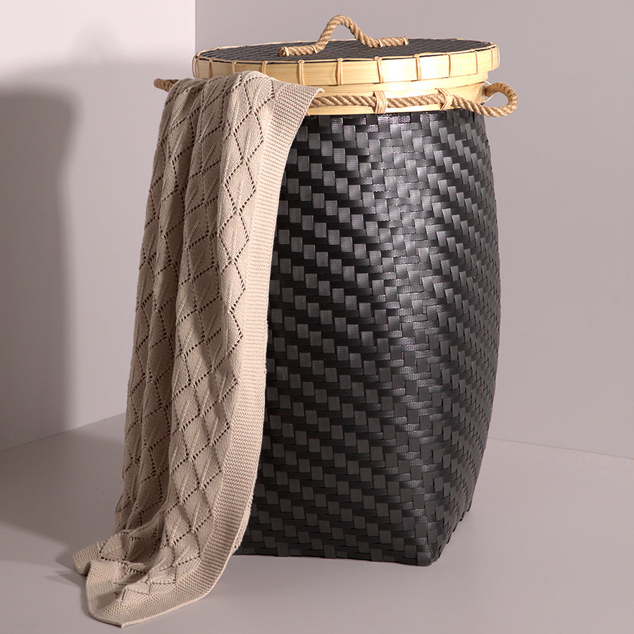 Black woven storage basket with lid,
Handcrafted basket with rope handles, Bamboo lid laundry hamper, Modern woven storage bin, Eco-friendly basket with rope detail, Tall black hamper for home, Beige knit throw blanket, Soft cotton decorative blanket, Diamond pattern knit throw, Cozy knitted blanket for sofa, Lightweight beige blanket.