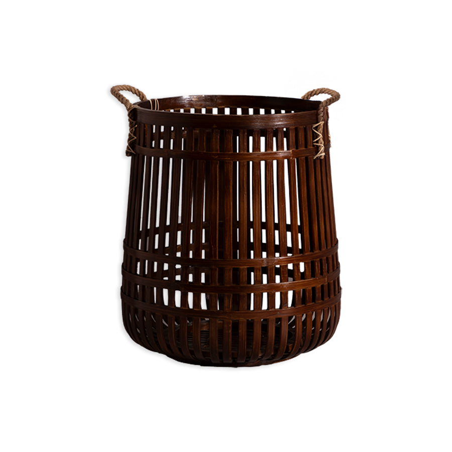 Dark bamboo laundry basket,
Espresso bamboo storage hamper,
Woven bamboo basket with rope handles, Sustainable modern home décor, Minimalist rustic storage solution, Natural fiber basket with rope accents.