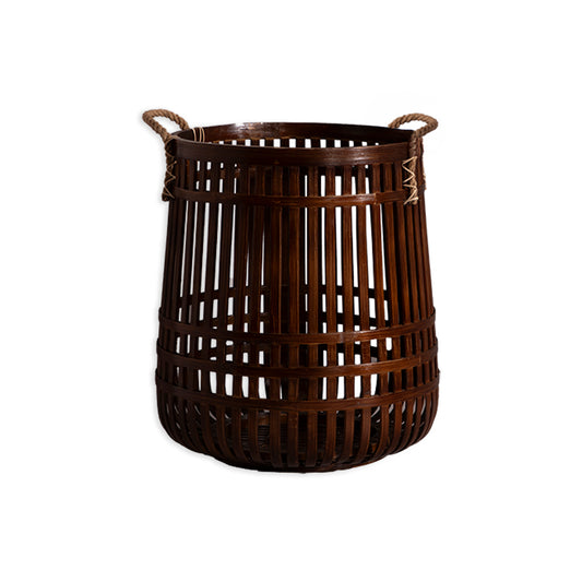 Dark bamboo laundry basket,
Espresso bamboo storage hamper,
Woven bamboo basket with rope handles, Sustainable modern home décor, Minimalist rustic storage solution, Natural fiber basket with rope accents.