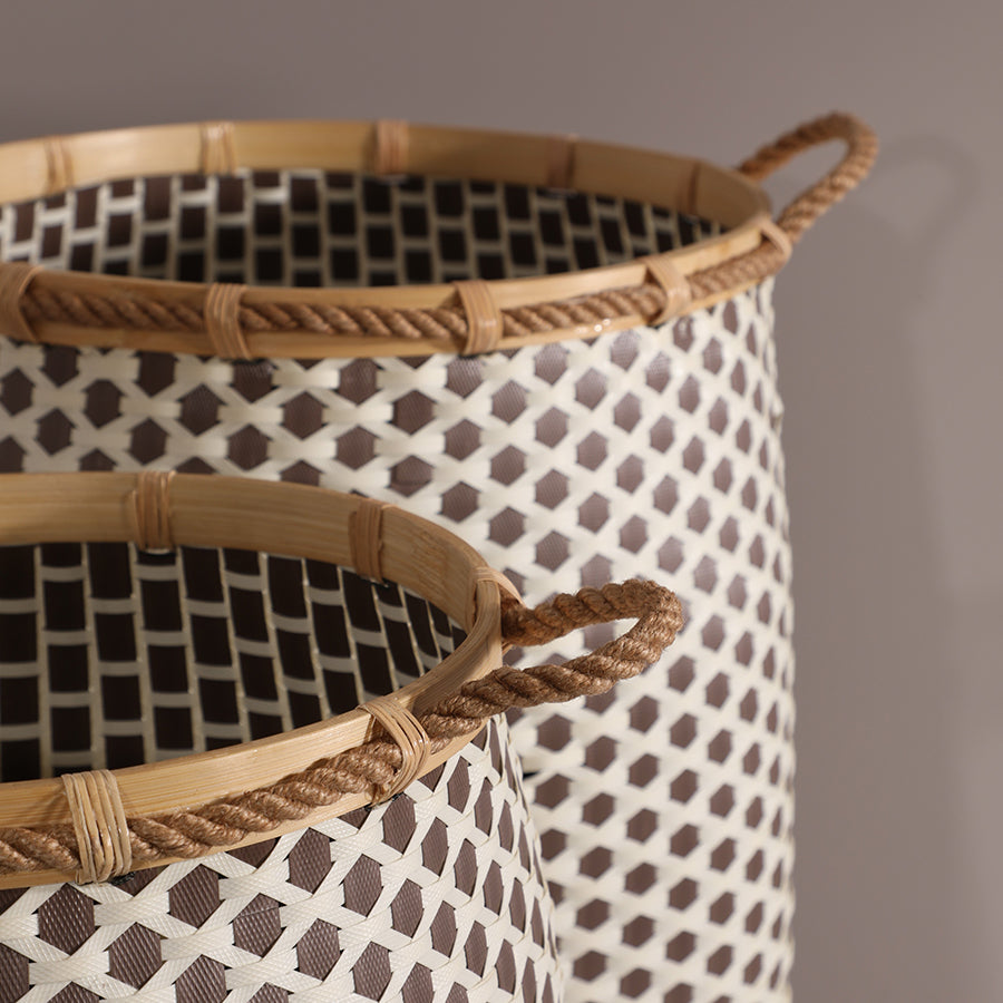 Open-top woven storage baskets, Handwoven brown and cream baskets, Decorative rope handle baskets, Plastic wicker baskets with bamboo rim, Eco-friendly open laundry hampers, Brown geometric pattern woven baskets, Tall open weave baskets for clothes or blankets, Lightweight decorative hampers with handles, Handcrafted open baskets for home storage, Woven organizing baskets with natural details, Multipurpose storage baskets for modern interiors .