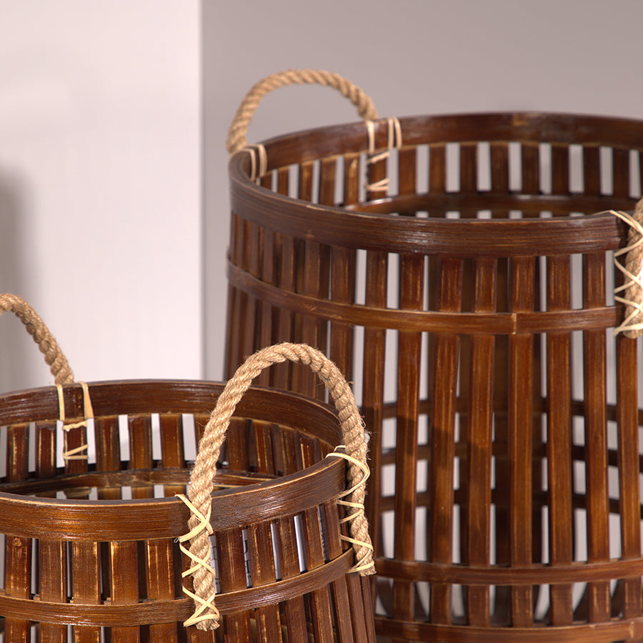 Handwoven bamboo storage basket,
Rustic wooden slat basket, Decorative bamboo basket with rope handles, Close-up bamboo basket detail, Durable rope-handled basket, Japandi home décor accessory.