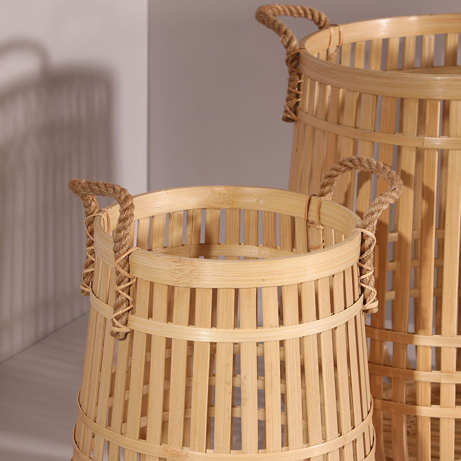 Bamboo storage basket set, Handwoven bamboo baskets, Modern rustic home accessories, Boho chic storage solutions, Warm neutral storage ideas, Decorative and functional baskets.