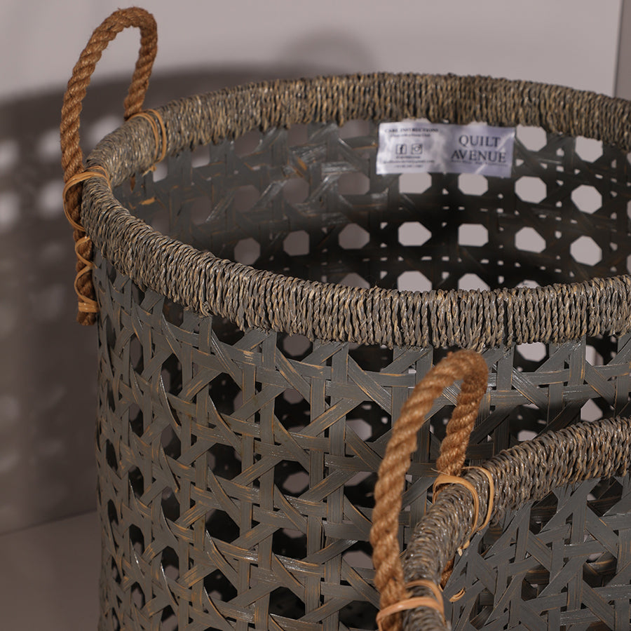 Quilt Avenue woven basket, Decorative storage basket, Cane weave basket with rope handles, Durable decorative storage basket for modern homes, Handcrafted cane-style basket by Quilt Avenue, Designer rope handle basket for interior décor, Boho chic woven home accessories, Earthy tone interior décor basket.