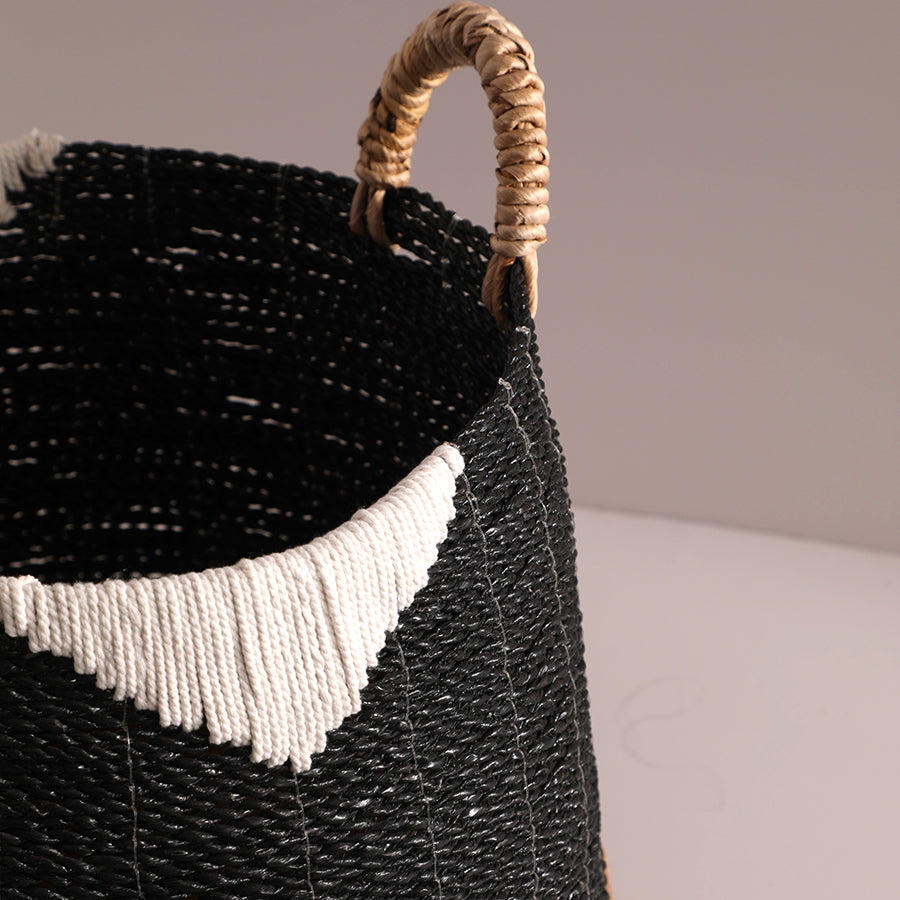 Seagrass and cotton basket, Artisan woven storage, Durable woven basket with handles, Eco-friendly basket for home, Black woven basket décor, Handcrafted woven basket, Minimalist Boho basket, Premium quality woven basket.