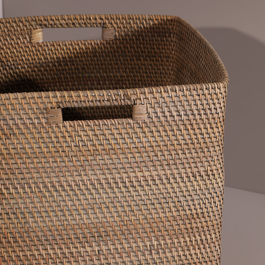 Woven storage basket, Handwoven rattan basket, Rectangular wicker basket, Natural storage bin, Rattan organizer basket, Handcrafted basket with handles, Durable woven home storage, Eco-friendly storage container, Rustic rattan storage box,
Square wicker bin.