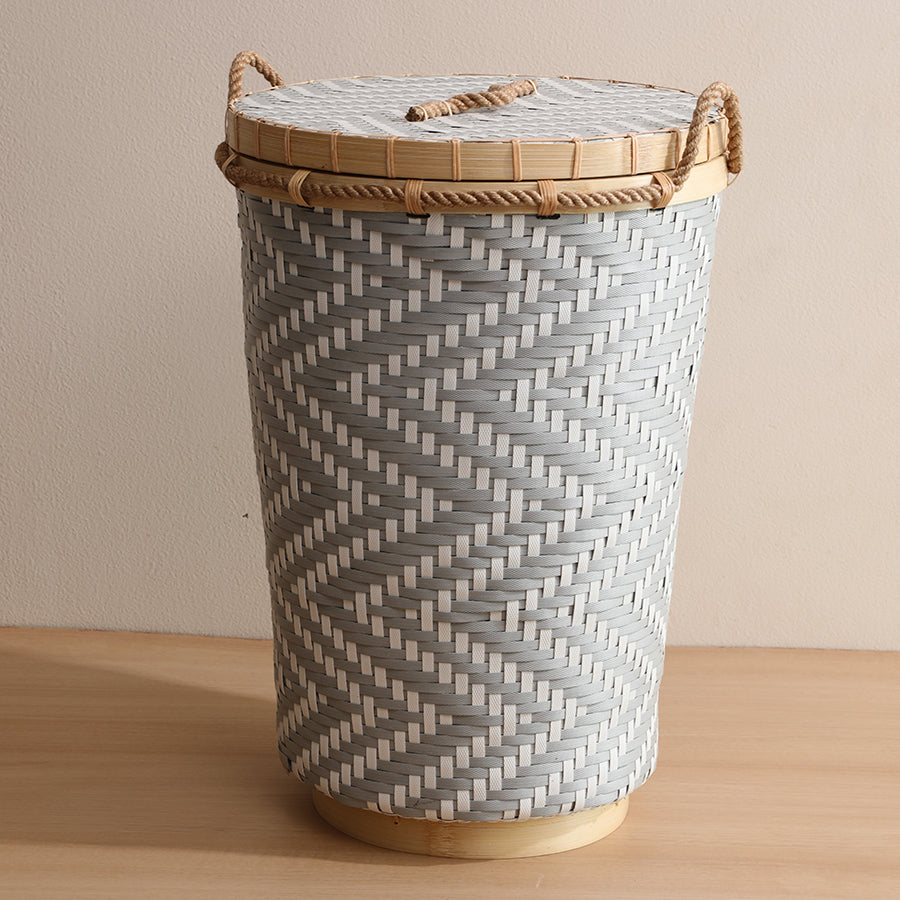Woven storage basket, Tall laundry basket, Decorative woven hamper, Bamboo lid laundry basket, Handcrafted storage bin, Grey herringbone laundry basket with lid,
Eco-friendly woven clothes hamper,
Handmade tall bamboo basket with rope handles, Modern woven laundry storage solution, Stylish basket with lid for home organization.