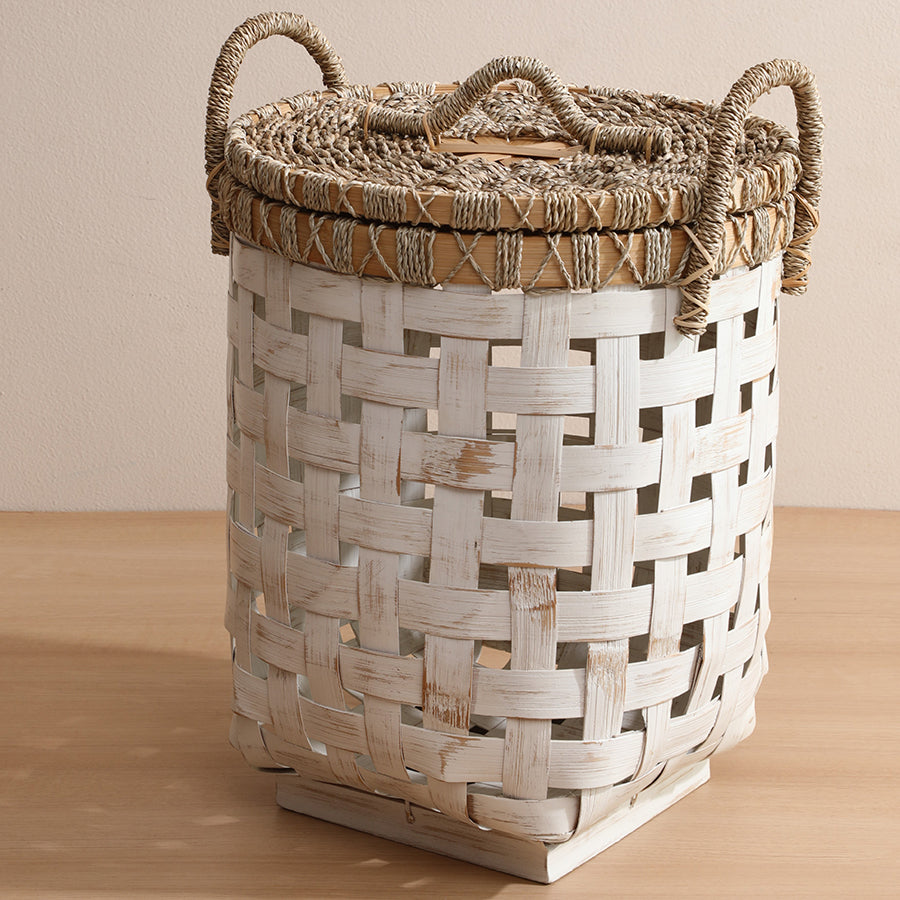 coastal décor laundry basket,
rustic home organization basket,
vintage style woven hamper,
lightweight bamboo storage basket,
white rustic woven hamper,
artisan crafted laundry bin,