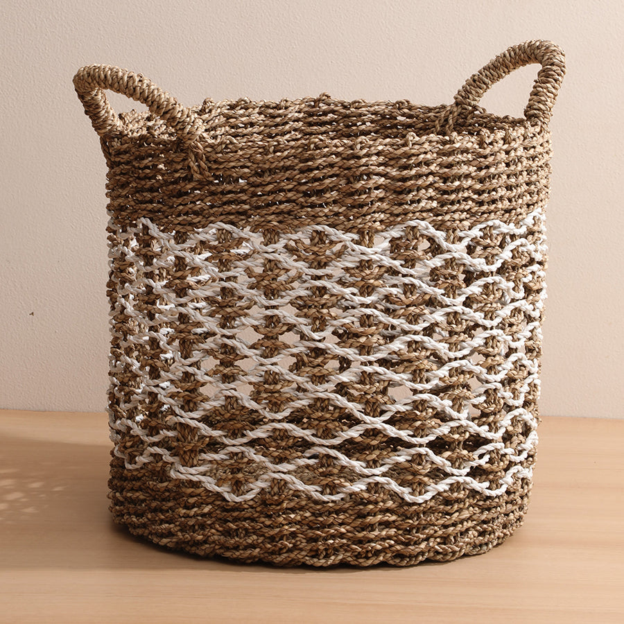 Handwoven jute basket, Zigzag weave storage basket, Boho decorative basket, Natural seagrass basket with handles, Eco-friendly rope basket, White and brown woven basket, Rustic handmade storage bin, 
Macrame-style basket design, Textured fiber décor basket, Bohemian storage organizer, Laundry basket with handles, Toy storage basket, Blanket storage bin, Planter cover basket, Home organization basket.