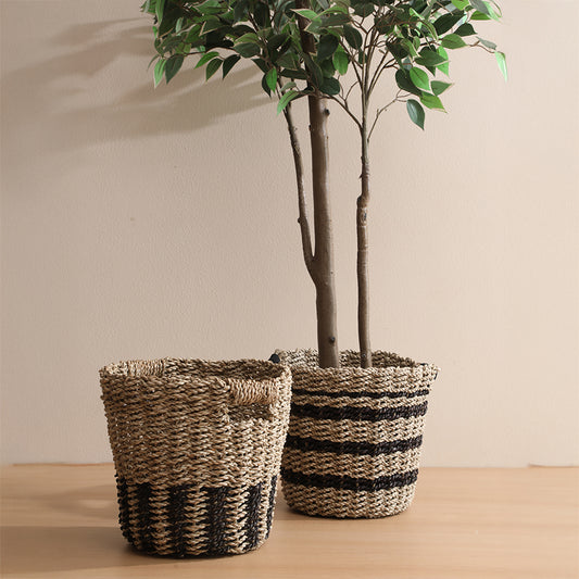 woven storage basket, decorative storage basket, natural woven basket, seagrass basket, Boho home décor, striped woven basket, black and natural basket, basket with handles.