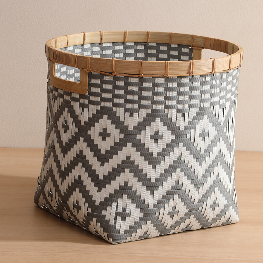 Woven storage basket, Geometric pattern basket, Plastic handwoven bin, Bamboo trim basket, Decorative home storage, Grey and white woven basket, Modern Boho storage bin,
Basket with handles, Indoor organizer basket, Handmade home décor basket.