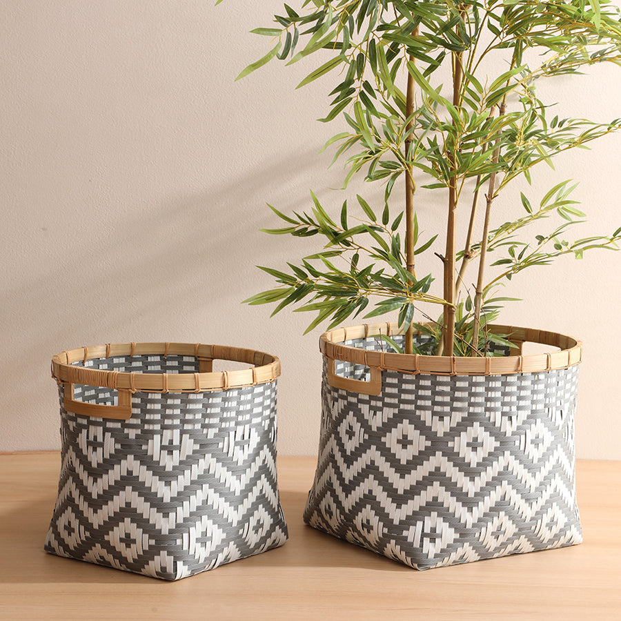 Woven basket set, Decorative storage baskets, Geometric pattern baskets, Indoor planter baskets, Multi-size storage bins, Bamboo rim woven baskets, Grey and white storage baskets, Stylish home organizers, Handcrafted woven bins, Eco-friendly basket set.