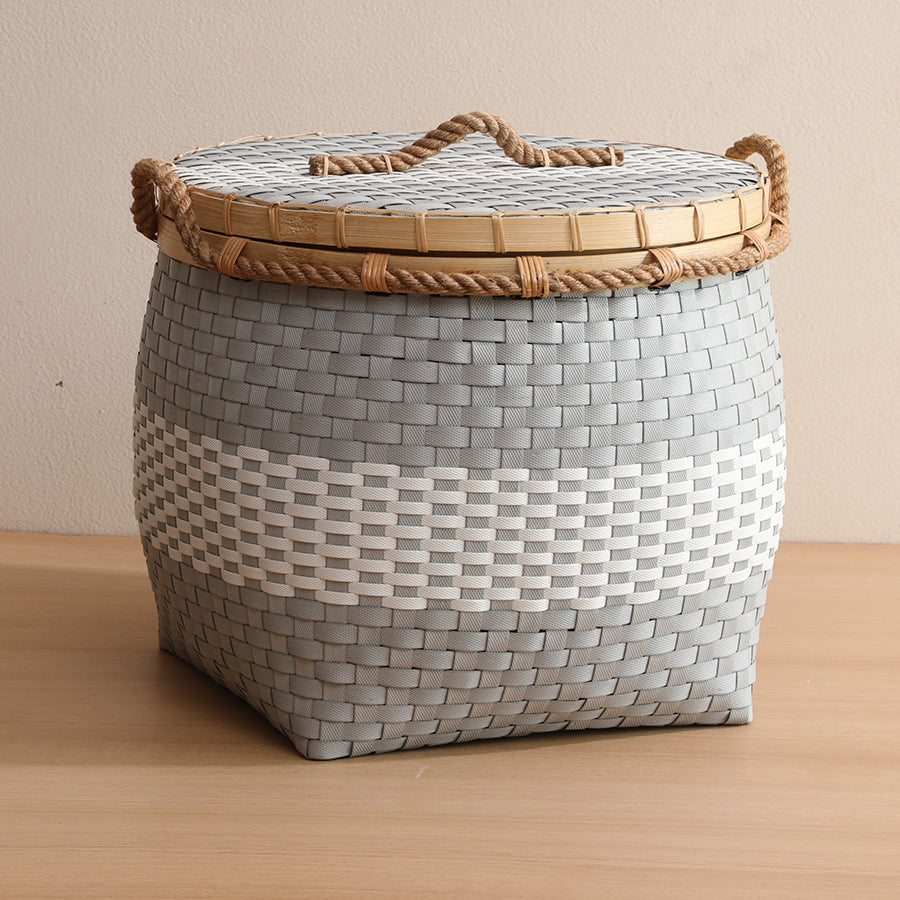 Woven basket with lid, Decorative storage bin, Rope handle woven basket, Grey storage basket, Plastic rattan laundry basket, Modern home organizer basket, Handwoven storage hamper, Eco-friendly storage solution, Stylish basket for living room, Lidded utility basket,
Woven container with handle,
Multipurpose storage basket, Durable woven laundry hamper, Contemporary woven bin, Neutral tone home storage .