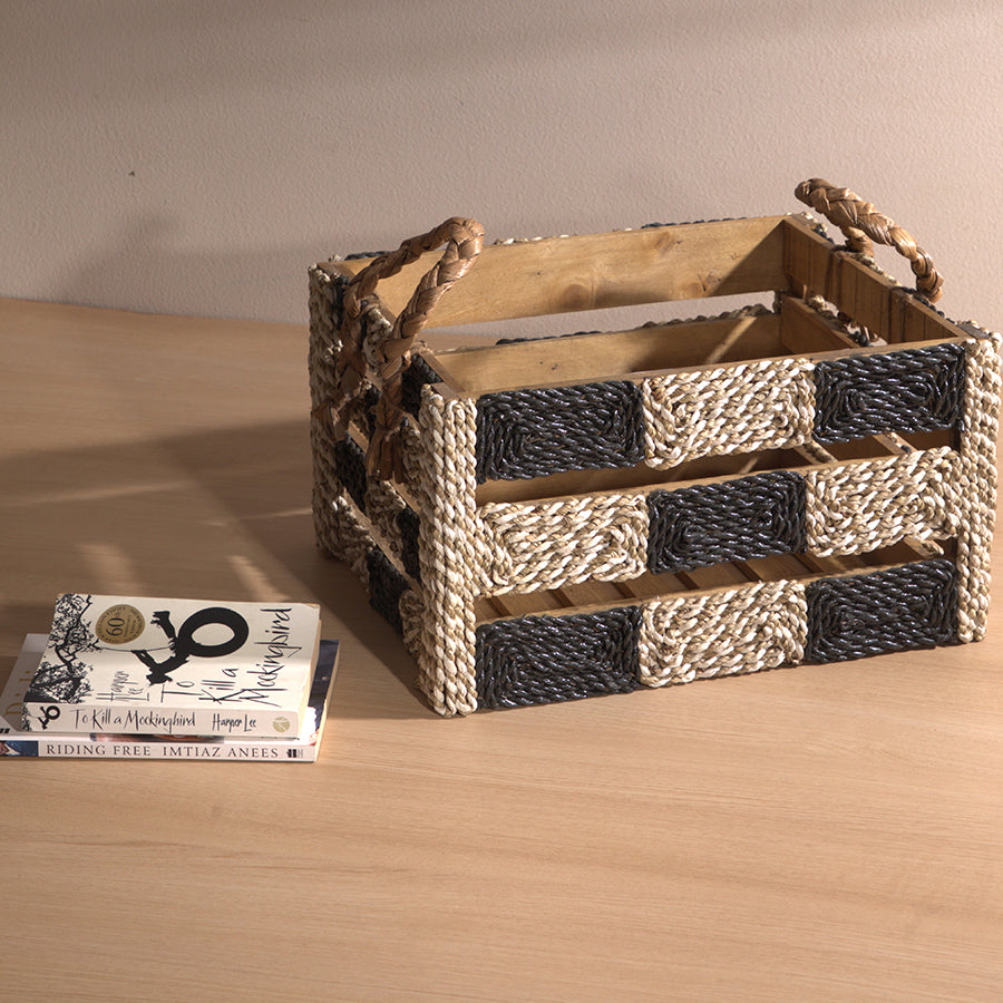 Black and natural woven storage basket, Handmade rope crate organizer,
Rustic woven decorative box, Book and magazine storage basket,
Desk organizer for books and essentials, Handcrafted seaweed rope basket, Durable wood and rope weave crate, Rustic farmhouse style organizer, Minimalist home décor basket.