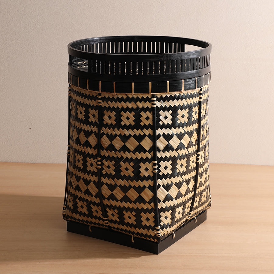 Black and beige rattan basket, Handwoven bamboo tribal bin,
Bohemian woven storage basket,
Decorative ethnic pattern basket,
Eco-friendly bamboo laundry basket,
Geometric tribal wicker hamper,
Handmade Boho storage bin .