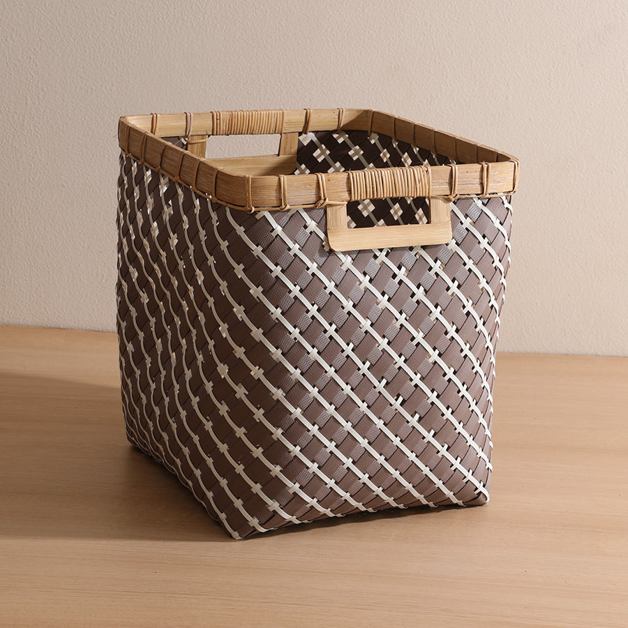 Woven plastic storage basket, Brown woven organizer bin, Square rattan-look basket, Decorative home storage basket, Handcrafted plastic basket, Eco-friendly storage bin, Modern woven laundry basket, Multipurpose storage container, Basket with bamboo handles, Stylish plastic weave basket.