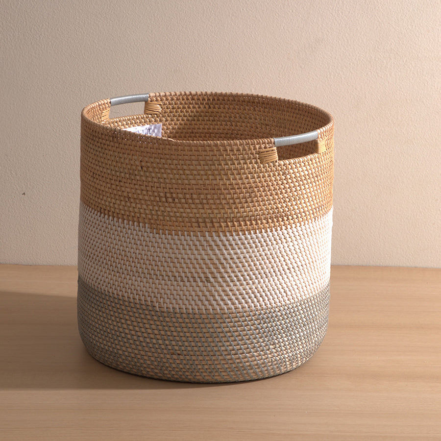 Woven storage basket, Striped rattan-style basket, Round laundry hamper, Decorative storage bin, Plastic wicker basket, Modern woven laundry basket, Home organization basket with handles, Eco-friendly storage bin, Lightweight rattan look hamper, Multi-use woven organizer.
