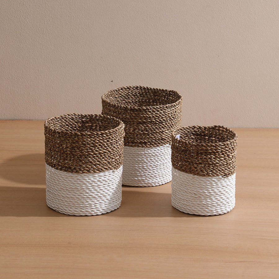 Natural white woven baskets, Handwoven seagrass storage baskets, Two-tone rope baskets set,
Eco-friendly woven storage bins, Decorative Boho basket set,
Rustic white and natural baskets,
Handmade rope containers, Minimalist seagrass baskets,
Coastal décor storage baskets,
Multi-size woven basket set,