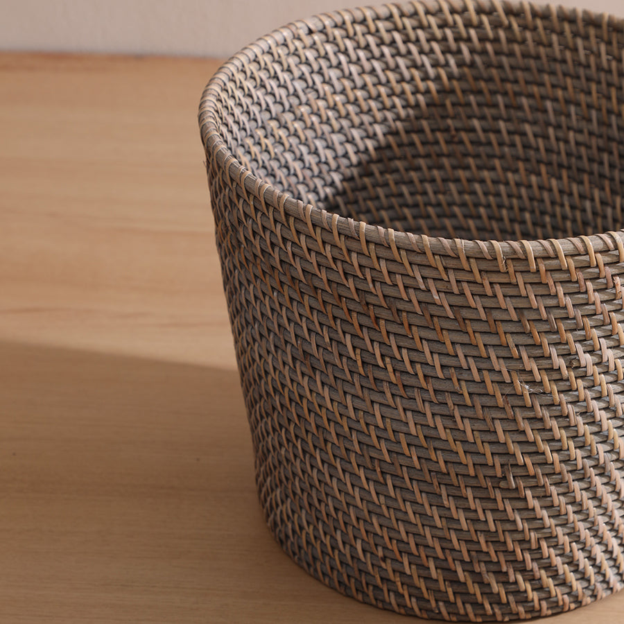 Handwoven rattan basket, Wicker storage basket, Brown woven basket bin, Decorative rattan bin, Eco-friendly home storage basket, Handmade rattan-style storage basket for home, Rustic woven bin for living room or bathroom, Natural fiber look utility basket, Sustainable handwoven basket for organizing.