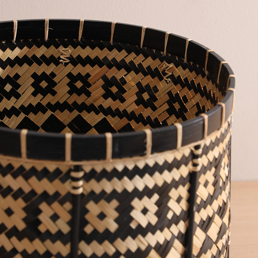 Handwoven bamboo basket, Decorative woven basket, Eco-friendly storage bin, Black and natural basket, Tribal pattern basket, Bohemian home décor, Geometric woven basket, Multipurpose storage basket, Laundry or toy basket.