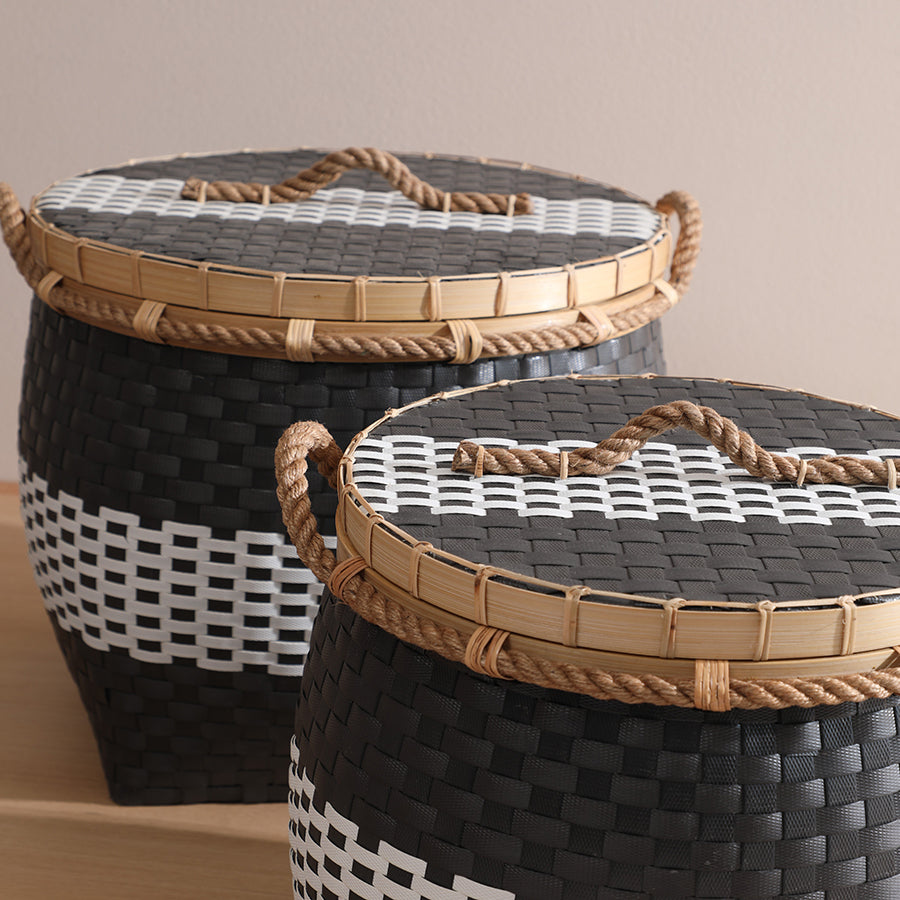 Woven storage basket set, Black and white laundry basket duo, Decorative woven baskets with lids, Handwoven storage hampers, Plastic wicker basket set, Matching laundry hamper set, Rope handle baskets, Stylish home storage solution, Eco-friendly plastic baskets, Woven organizing bins.