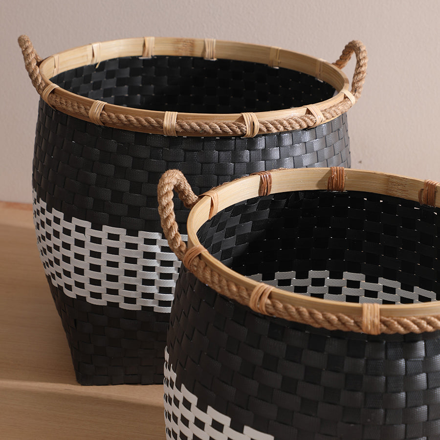 Open woven storage baskets, Black and white woven bins, Handwoven laundry baskets, Plastic wicker storage baskets, Rope handle storage bins, Decorative open baskets, Modern woven home organizer, Eco-friendly basket storage, Large woven laundry hampers, Basket set for living room or bedroom.