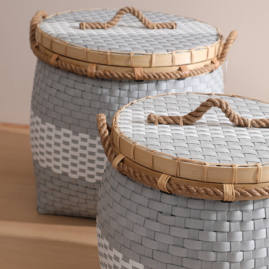 Woven basket set with lids, Decorative storage baskets, Rope handle laundry baskets, Plastic rattan storage bins, Handwoven organizer baskets, Modern home storage set, Eco-friendly woven baskets, Nested storage basket set, Grey woven hamper with lid, Durable woven container set, Stylish lidded baskets for home, Neutral tone woven bins, Multi-purpose home organizer, Scandinavian style storage baskets , Handmade woven basket décor .