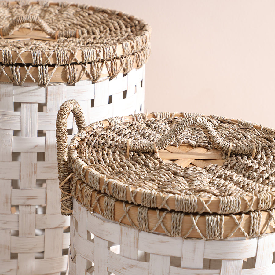 handwoven basket with lid, rustic storage baskets set, natural seagrass and bamboo baskets, Boho woven storage bins, decorative woven hampers, farmhouse style laundry baskets, eco-friendly woven storage solutions, whitewashed bamboo basket.