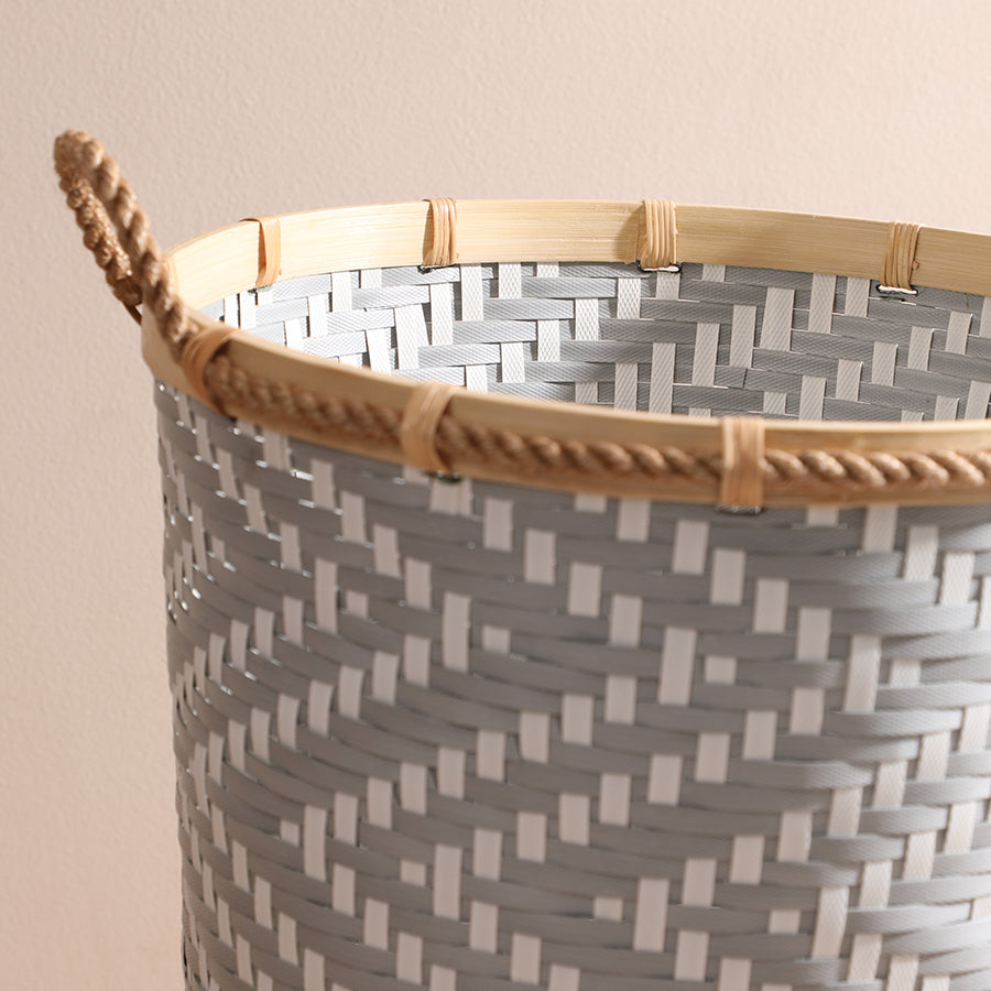 Open-top woven laundry basket, Rope handle storage basket, Handwoven bamboo rim hamper, Grey herringbone laundry bin, Decorative woven basket, Handmade open-top basket with rope handles, Grey and white plastic weave storage basket, Eco-friendly laundry hamper without lid, Modern herringbone pattern storage bin.