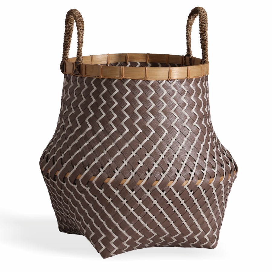 Modern home storage, Decorative storage solution, Eco-friendly home décor, Stylish organization basket, Zigzag weave basket, Brown woven storage basket, Decorative woven bin, Wicker-look basket with handles.