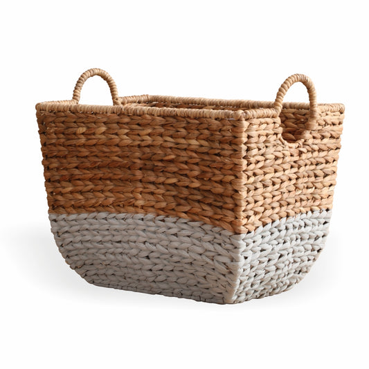 Two-tone woven storage basket,
Natural and white seagrass basket,
Rectangular handwoven basket with handles, Stylish storage bin for shelves, Woven basket for bathroom or entryway, Coastal style home storage solution, Handmade basket with twisted rope handles, Eco-friendly seagrass storage basket with rope handles, Handcrafted two-tone basket for modern rustic décor, Stylish and durable storage basket for blankets and towels.