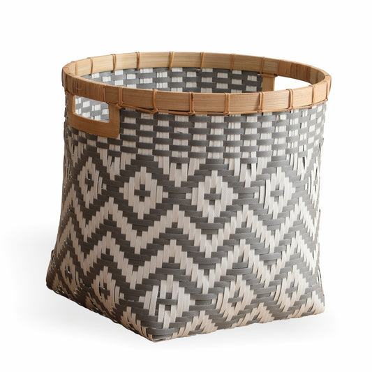 Decorative storage basket, Woven storage basket, Patterned storage bin, Handwoven basket with handle, Plastic and bamboo storage basket, Boho storage basket, Geometric design basket, Eco-friendly storage bin, Modern home organizer, Laundry or toy storage basket, Indoor storage solution.