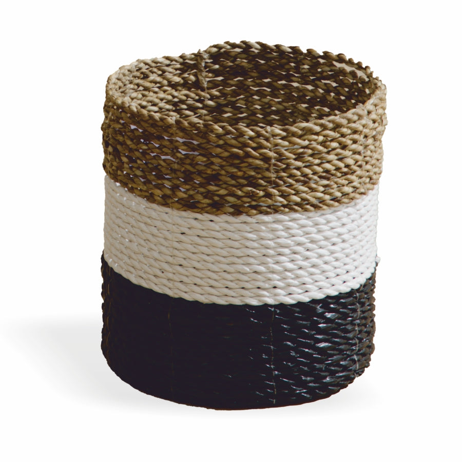 Black and white woven basket, Color block rope storage basket, Handwoven round basket, Natural fiber decorative basket, Small rope organizer basket, Monochrome color block basket, Handcrafted seagrass rope basket, Modern storage basket for home, Compact woven basket for shelves, Neutral tone rope basket décor.