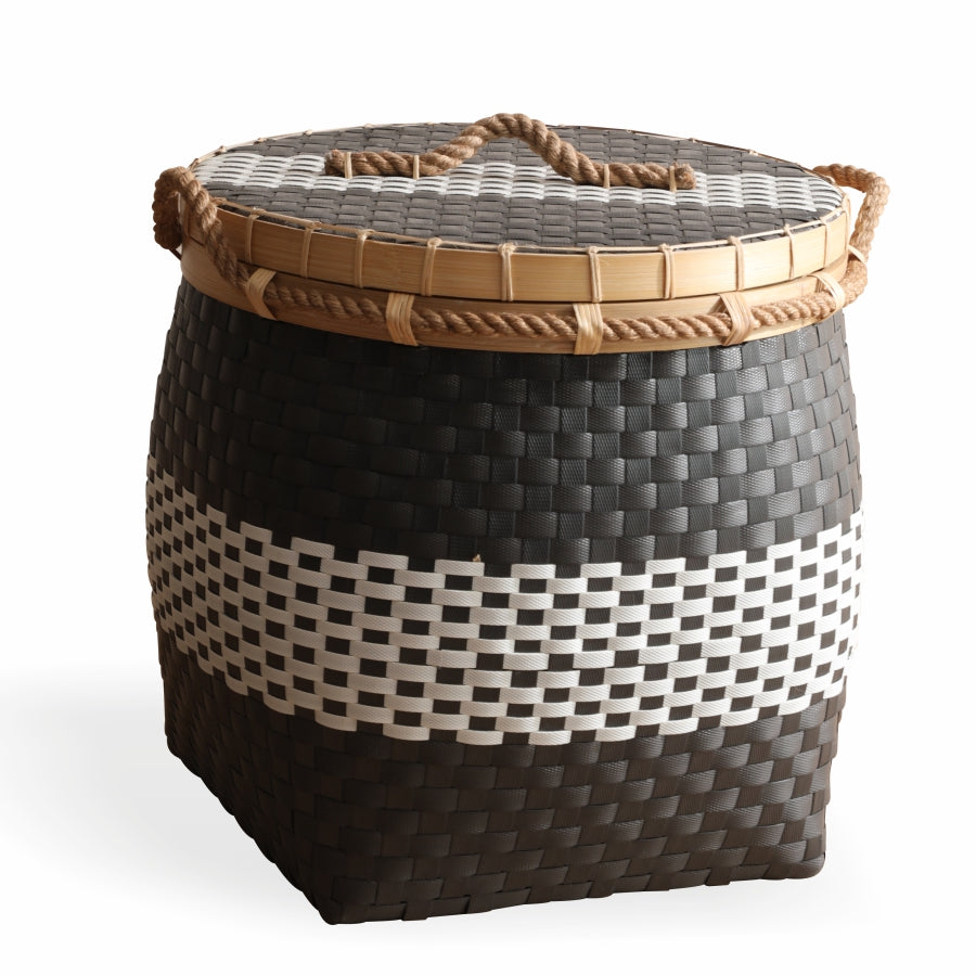 Woven storage basket, Decorative storage basket, Handwoven basket with lid, Plastic rattan basket, Rope handle basket, Black and white woven basket, Storage basket with lid and handle, Square laundry hamper basket, Eco-friendly woven storage bin.