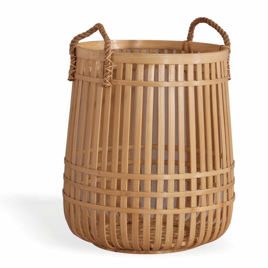 Bamboo storage basket, Decorative woven basket, Tall wicker basket, Handcrafted bamboo basket, Open weave basket, Slatted bamboo container.