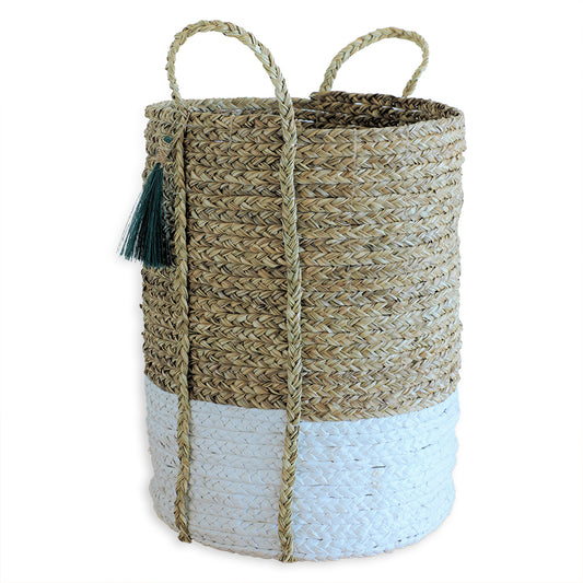 Large woven storage basket, Two-tone seagrass basket, Handwoven laundry basket, Handcrafted seagrass storage basket with green tassel ,Eco-friendly woven basket for home organization ,Multipurpose tall basket for toys, laundry, and blankets .