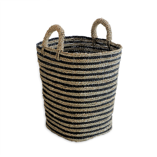 woven storage basket, black and natural basket, striped decorative basket, handwoven laundry basket,
eco-friendly storage solution, braided rope basket, farmhouse style basket,
rustic home décor basket.
