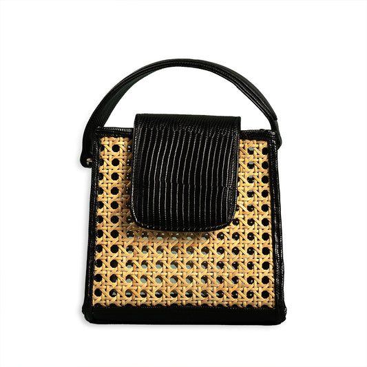 Rattan handbag, Cane weave handbag, Woven handbag, Handcrafted bag, Black and natural handbag, Eco-friendly fashion accessories, Boho chic handbag, Handmade rattan bag, Summer handbag, Sustainable fashion bag.