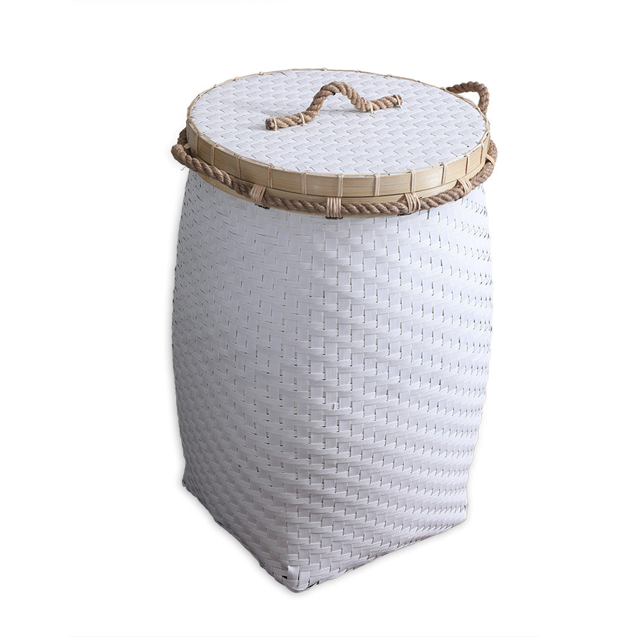 White woven storage basket, Lidded laundry basket, Rope handle basket with lid, Woven hamper with lid, White decorative storage basket, Handwoven laundry hamper, Eco-friendly storage basket, Stylish home storage solution, Woven basket with rope trim,