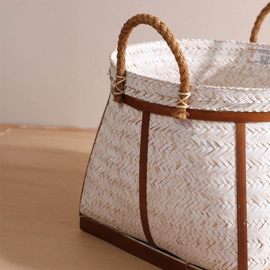 Woven basket, Handwoven storage basket, Natural fiber basket, Handcrafted bamboo storage basket,
Rustic woven basket with rope handles, Eco-friendly decorative basket, Natural straw and bamboo basket, Braided jute handle basket,
Reinforced wood frame basket .