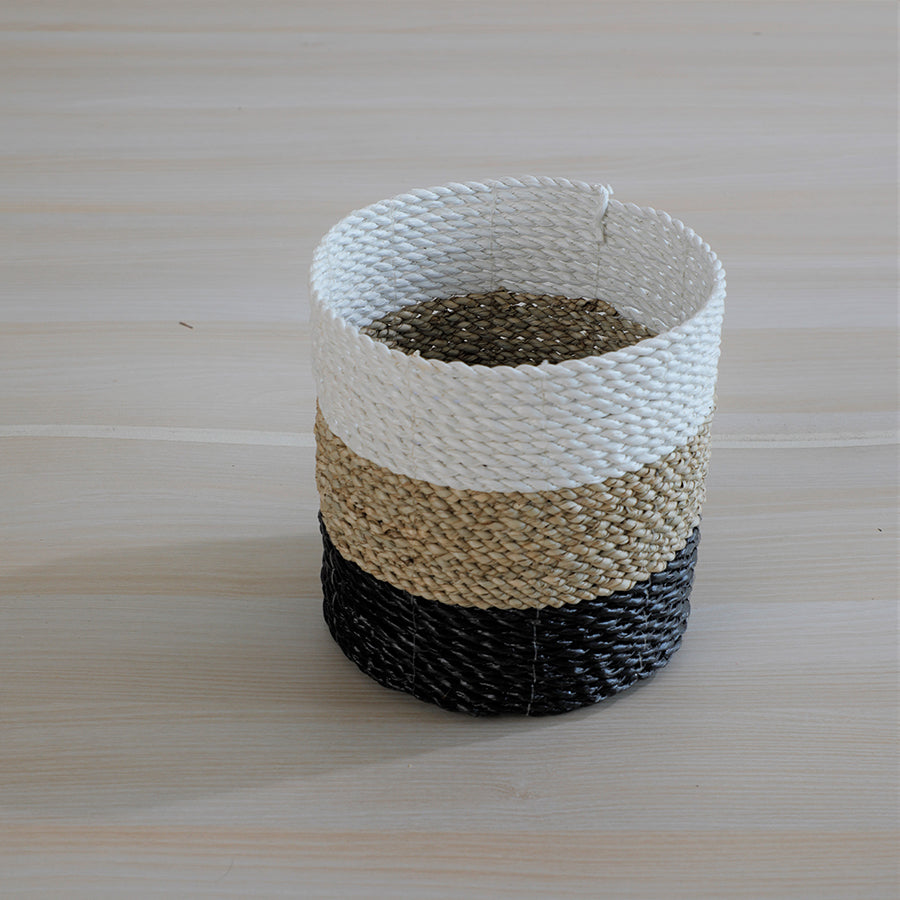 Mini rope storage basket, Tri-color woven basket, Black natural white basket, Handcrafted rope basket, Small woven organizer, Decorative mini basket for shelves, Handmade colorblock rope basket, Neutral tone storage solution, Small natural fiber home basket, Eco-friendly table basket.