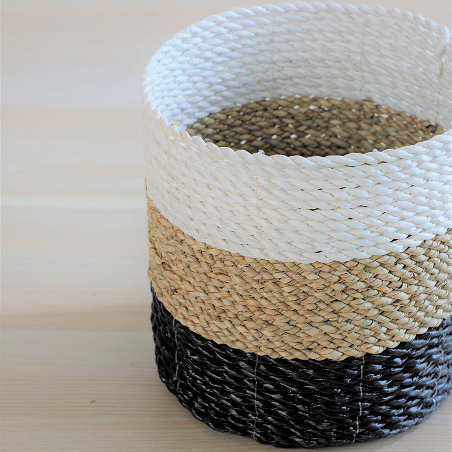 Handwoven rope storage basket, Black natural white decorative basket, Colorblock woven basket, Eco-friendly handcrafted basket, Three-tone rope organizer, Minimalist colorblock rope basket for home,
Small decorative handwoven basket,
Rustic chic rope basket organizer,
Natural fiber storage basket for shelf,
Artisan-made eco rope basket .
