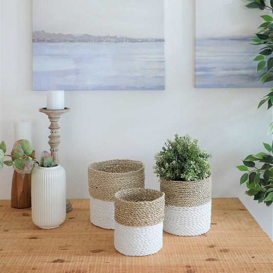 Natural white woven basket set ,
Handwoven seagrass basket,
Eco-friendly home storage basket,
Decorative rope storage bins,
White and beige woven containers,
Boho farmhouse storage baskets,
Minimalist woven basket décor,
Rustic natural fiber baskets,
Coastal style storage solutions,
Stylish indoor plant basket,
Living room basket décor,
Tabletop organizer baskets, Decorative indoor plant holder,
Candle and accessory baskets,
Entryway catchall baskets.