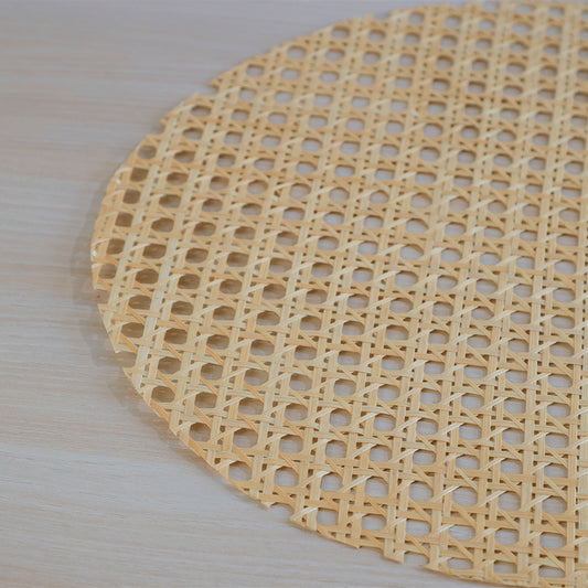 Cane webbing placemat, Round cane placemat, Rattan cane table mat, Open weave placemat, Natural cane placemat, Handwoven bamboo placemat, Vintage cane charger mat, Eco-friendly table placemat, Wicker style dining mat, Boho cane woven placemat, Scandinavian style placemat, Lightweight rattan placemat.