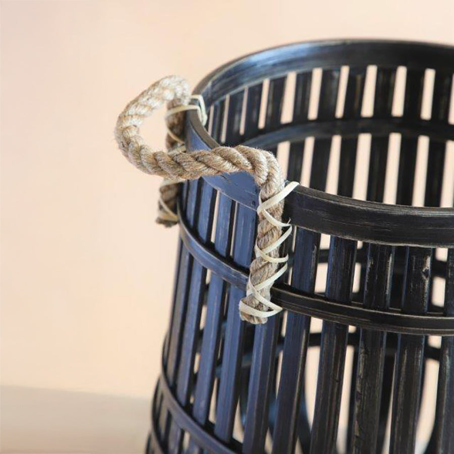 Black bamboo storage basket with natural rope handles, Handmade woven basket for home organization,
Rustic decorative basket with sturdy rope handles, Open weave bamboo bin for modern living spaces,
Eco-friendly bamboo basket with handcrafted details, Black bamboo storage basket, Rope handle basket, Handcrafted bamboo bin, Woven bamboo basket, Eco-friendly bamboo basket, Decorative rope handle bin,
Boho bamboo hamper .