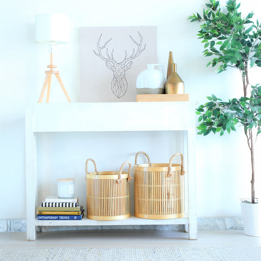 Bamboo storage baskets, Handwoven bamboo baskets, Rope handle bamboo bins, Eco-friendly storage baskets, Decorative bamboo containers, Slatted bamboo baskets, Rustic bamboo home baskets, Sustainable organizer baskets, Artisan bamboo bins, Natural fiber storage décor, Faux indoor tree, 
Artificial potted plant, Realistic greenery décor, Decorative plant for home.