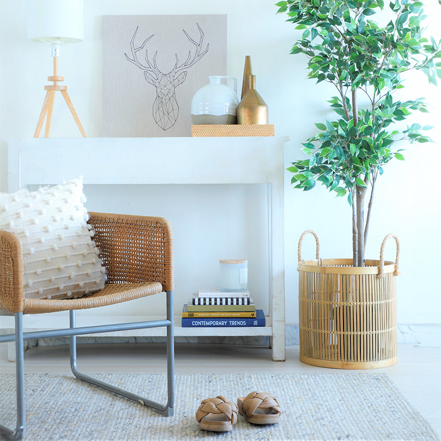 Bamboo basket with rope handles, 
Large bamboo storage basket, Eco-friendly indoor planter, 
Decorative bamboo floor basket, Sustainable woven basket décor, Handcrafted bamboo container
Rattan-style accent chair . Woven rope chair with metal frame, Modern Boho chair, Contemporary cane chair, 
Coastal living room seating, Woven lounge chair with cushion.